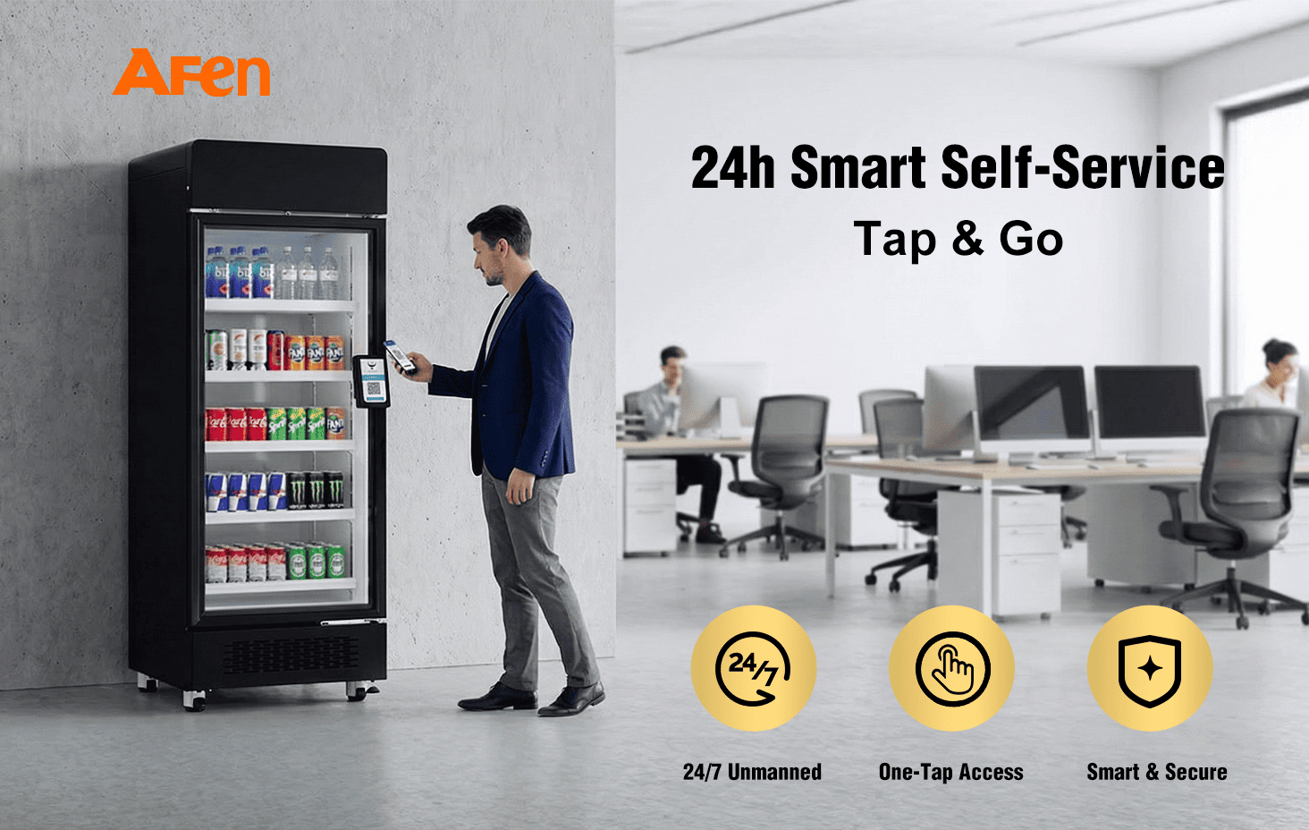 AFEN 510 smart cooler providing versatile 24/7 unmanned retail solutions for offices and gyms